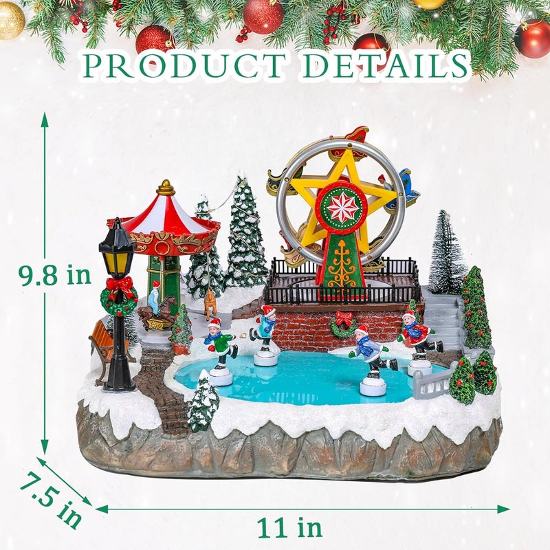 Bdor Christmas Village Lighted Decoration with Carousel, Ferris Wheel, Skaters | 11.4 x 10.4 x 7.7 Inches Animated Holiday Scene with Music & LED Lights for Indoor Home Décor - Image 4
